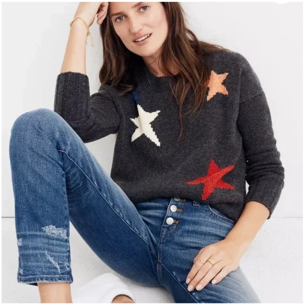 Madewell Starry Night Pullover Sweater Charcoal Grey Wool Cropped Crewneck XS